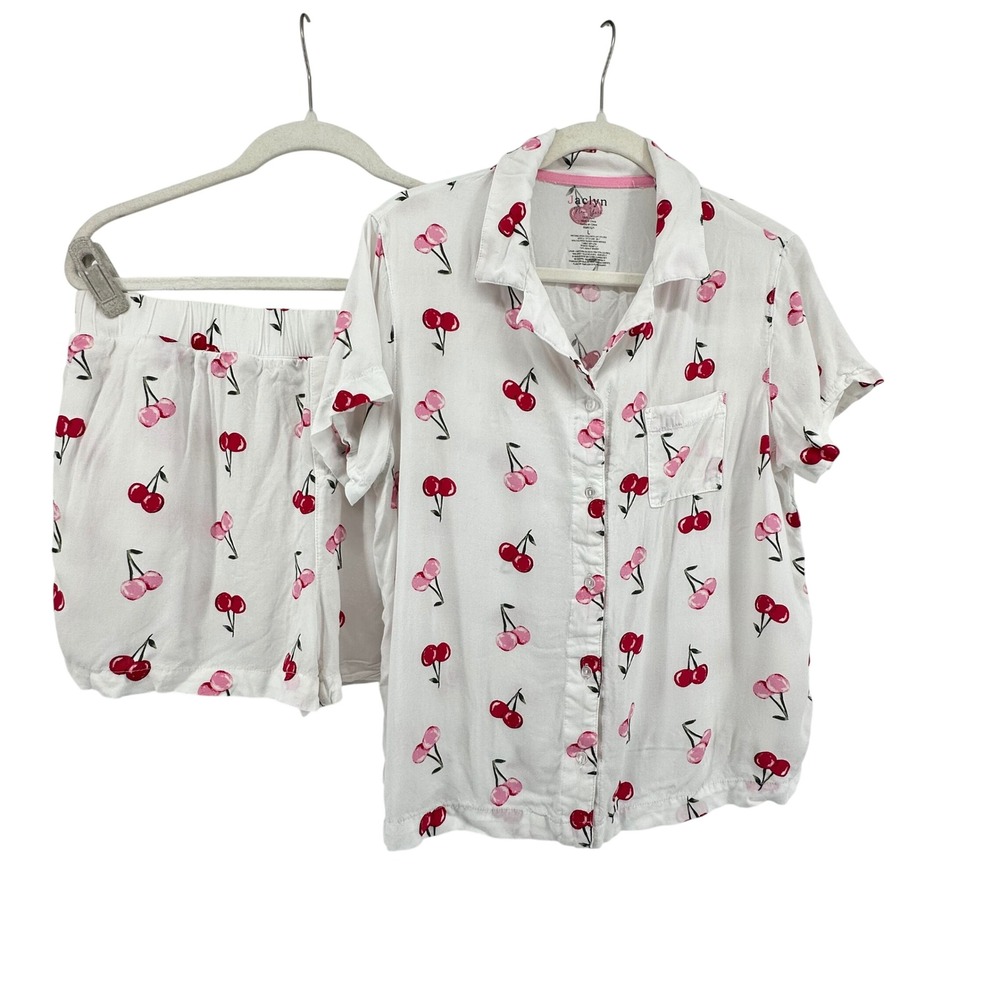 Jaclyn Pajama Set Women Large White Cherry Print Short Sleeve Shorts Loungewear